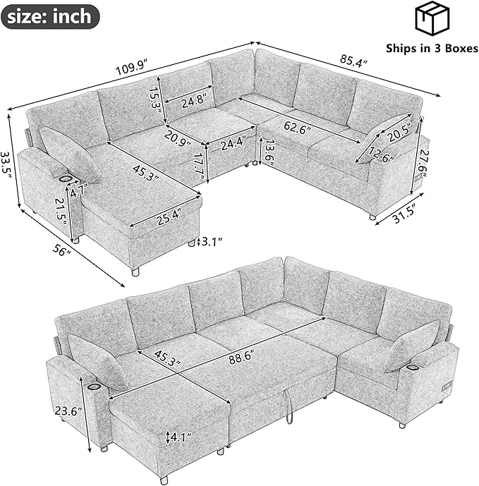 Ball & Cast 109.9" Sectional Sofa with Pull Out Bed, Chenille Upholstered Sleeper Sofa bed with Storage Chaise, Convertible U Shaped Couch with Two Cup Holders and Charging Ports for Living Room,Beige