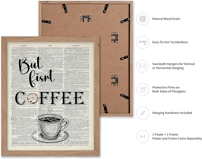 Poster Master Dictionary Art Poster - But First Coffee Print - Cafe Art - Gift for Men, Women, Coffee Lovers & Barista - Funny Decor for Kitchen, Restaurant or Dining Room, 8x10 Beige Framed