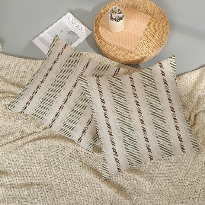 Boho Pillow Covers 18x18 Pack of 2 Sage Green Brown Polka Dot Stripe Decorative Throw Pillow Covers Bohemian Abstract Modern Decor Pillowcase Farmhouse Cushion Case for Sofa Couch,Outdoor Decor