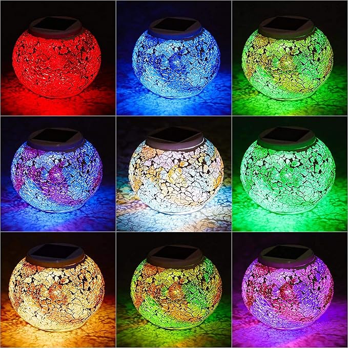 Color Changing Solar Powered Glass Mosaic Ball Led Garden Lights, Rechargeable Solar Table Lights, Outdoor Waterproof Solar Night Lights Table Lamps for Decorations, Ideal Gifts