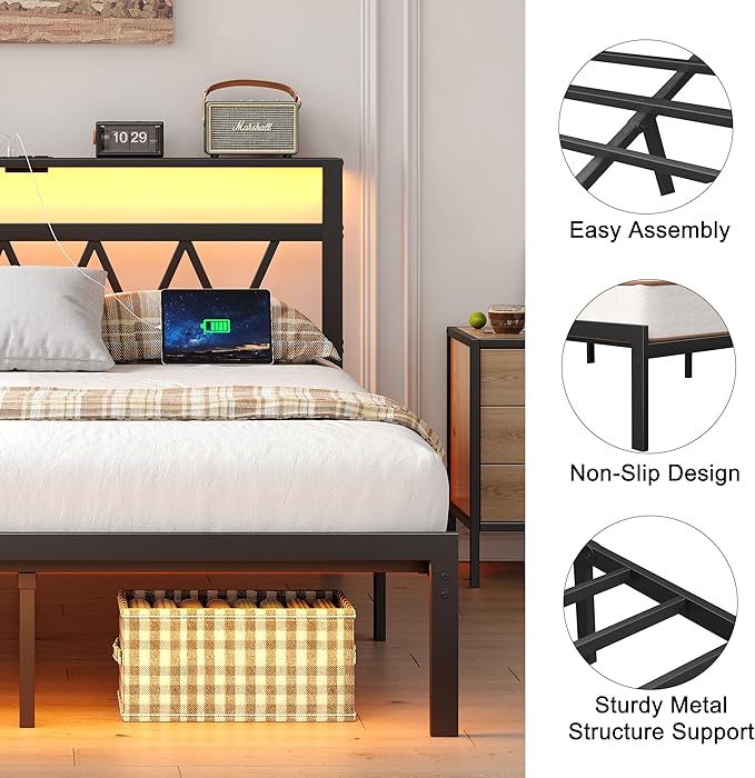 Full Bed Frame with Smart LED Lights, Storage Headboard and USB Charging Station,Heavy Duty Wooden Slats, No Box Spring Needed, Noise Free, Easy Assembly (Classic Black, Full)