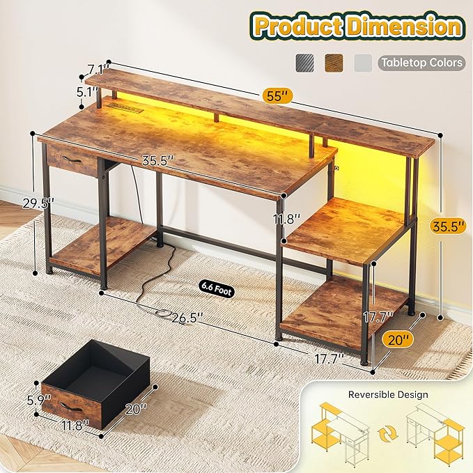 55 Inch Computer Desk with Drawer, Office Desk with Printer Storage Shelves & File Cabinet,Gaming Desk with LED & Power Outlet,Study Table with Monitor Shelf for Home Office Dorm Bedroom Rustic Brown