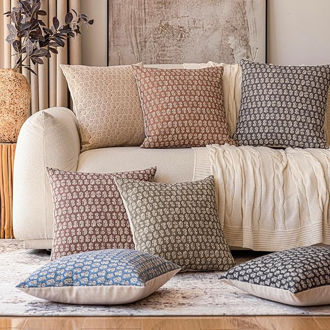 Foindtower Set of 2 Decorative Vintage Floral Print Throw Pillow Covers Neutral Modern Farmhouse Cushion Covers Boho Home Decor for Sofa Couch Chair Bedroom Living Room Outdoor,18×18 Inch,Rustic Gray