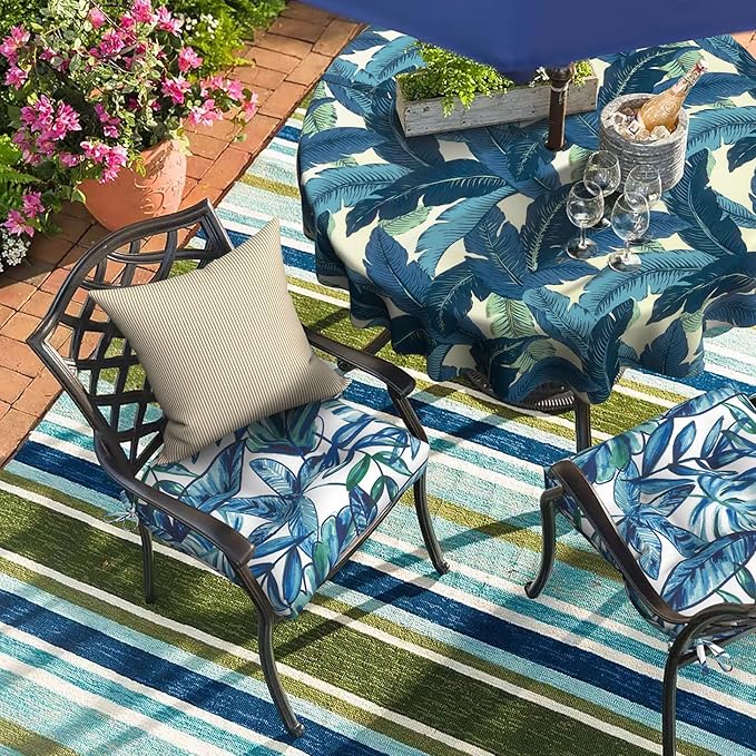 Set of 2 Outdoor Tufted Chair Cushions 19"x19"x4", Water Repellent Patio Seat Cushions with Ties, Replacement Chair Pads for Wicker Dining and Patio Furniture - Leaves Ink Blue