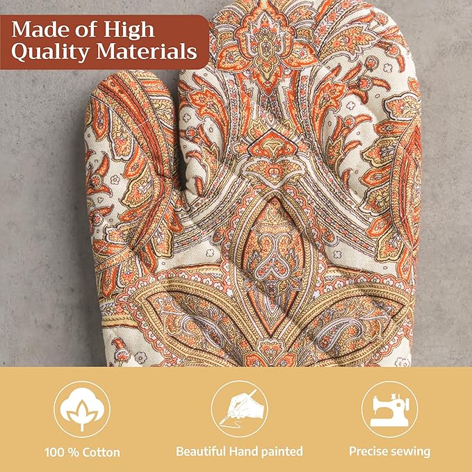 Maison d' Hermine Oven Gloves 100% Cotton Oven Mitt 7" x 13" with Loop Heat Resistant BBQ Cooking Gloves for Thanksgiving Christmas Decorations Baking Handling Hot Pans (Pack of 1, Kashmir Paisley)