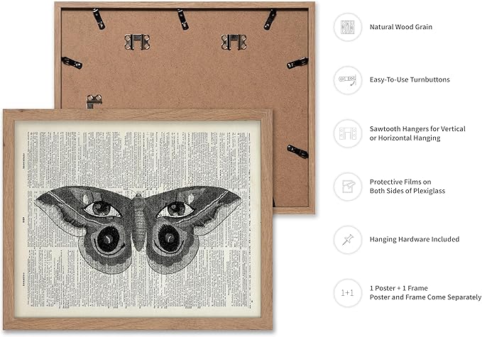 Poster Master Dictionary Art Poster - Butterfly Print - Eyes on Wings Art - Insect Art - Gift for Men, Women & Animal Lover - Gothic Decor for Living Room, Bedroom or Dorm, 16x20 Beige Framed
