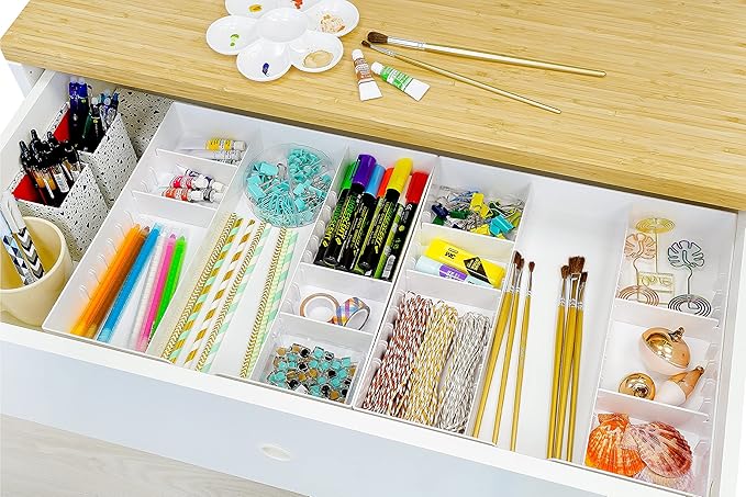 CAXXA 3 Slot Drawer Organizer with 4 Adjustable Dividers - Junk Drawer Storage for Makeup & Vanity, Office Desk Supplies and Accessories (WHITE, 1 PACK)