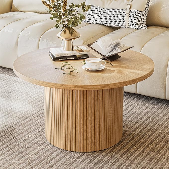 Round Coffee Table with Metal Frame, 35" Coffee Tables for Living Room, Circle Wood Accent Center Table for Apartment, Oak
