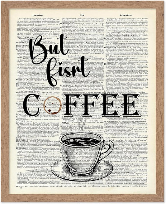 Poster Master Dictionary Art Poster - But First Coffee Print - Cafe Art - Gift for Men, Women, Coffee Lovers & Barista - Funny Decor for Kitchen, Restaurant or Dining Room, 16x20 Beige Framed