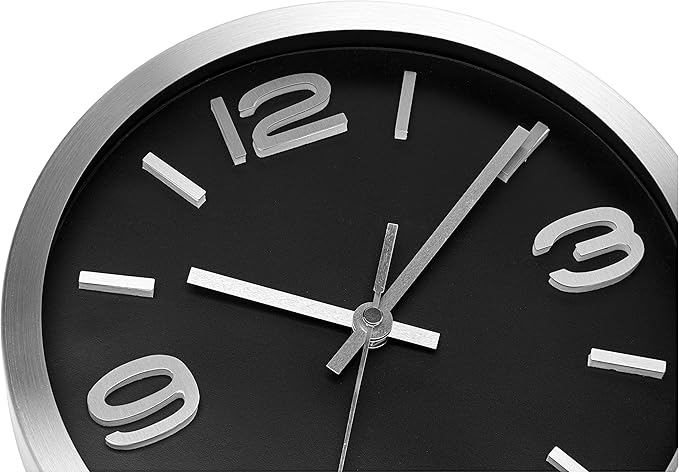 Bernhard Products Modern Wall Clock 10 Inch Black & Silver Silent Non Ticking Battery Operated Metal Round Elegant Quality Quartz, Kitchen Home Office Clock with 3D Numbers, Easy to Read