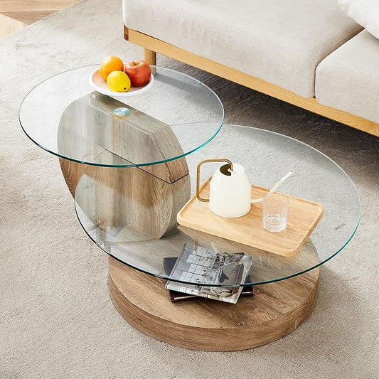 Glass Coffee Table, Modern Round Glass Coffee Table with Wooden Base, 3 Tier Round Coffee Table, Clear Cocktail Table with Storage for Living Room, Office, Balcony, Light Wood