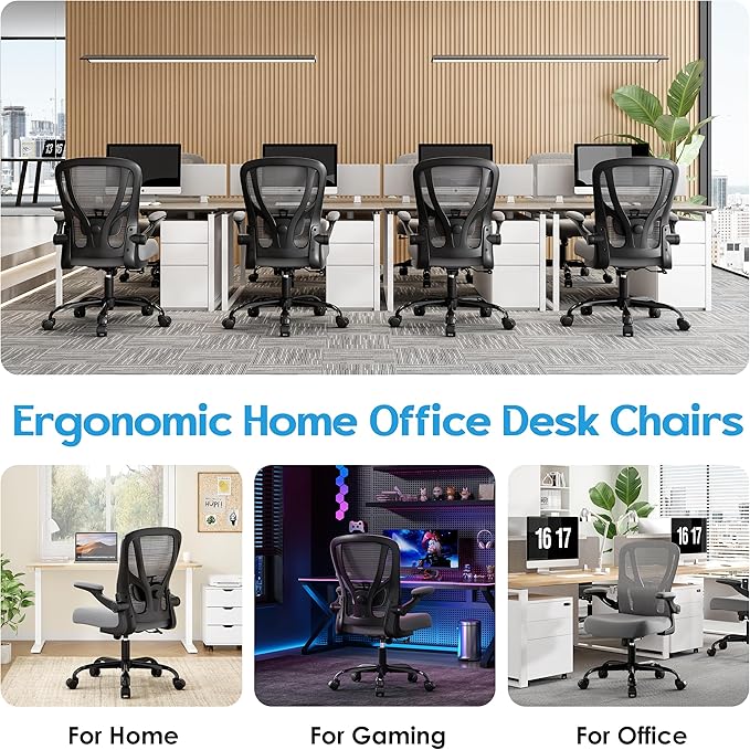 Office Chair Ergonomic Desk Chair - Mesh Computer Chair Breathable Task Chair with Wheels Adjustable Lumbar Support Home Desk Office Chairs with Flip up Armrest Executive Rolling Swivel Gray