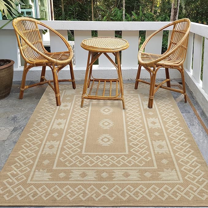 Antep Rugs Patio 6x9 Outdoor/Indoor Southwest Aztec Native Area Rug (Beige, 6'7" x 9')