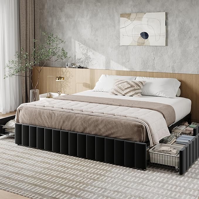 Allewie King Size Platform Bed Frame with 4 Large Storage Drawers, Velvet Vertical Channel Tufted Upholstered Bed Base, Wooden Slats Support, Noise-Free, No Box Spring Needed, Easy Assembly, Black