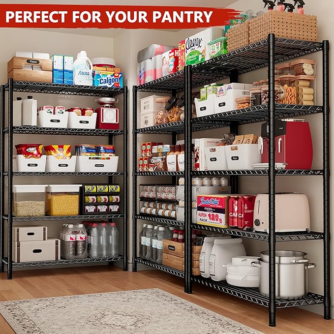 REIBII 76''H Wire Shelving Loads 1980LBS with 25mm Pipe Diameter,Storage Shelves with Wheels Metal Shelves for Storage, 5 Tier Adjustable Garage Shelving Heavy Duty Storage Rack,76''HX36''WX16''D