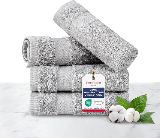 TEXTILOM 100% Turkish Cotton 4 Piece Luxury Washcloth Towel Set for Bathroom & Kitchen, Thick & Super Soft & Highly Absorbent & Quick Dry for Face and Hand- Light Grey