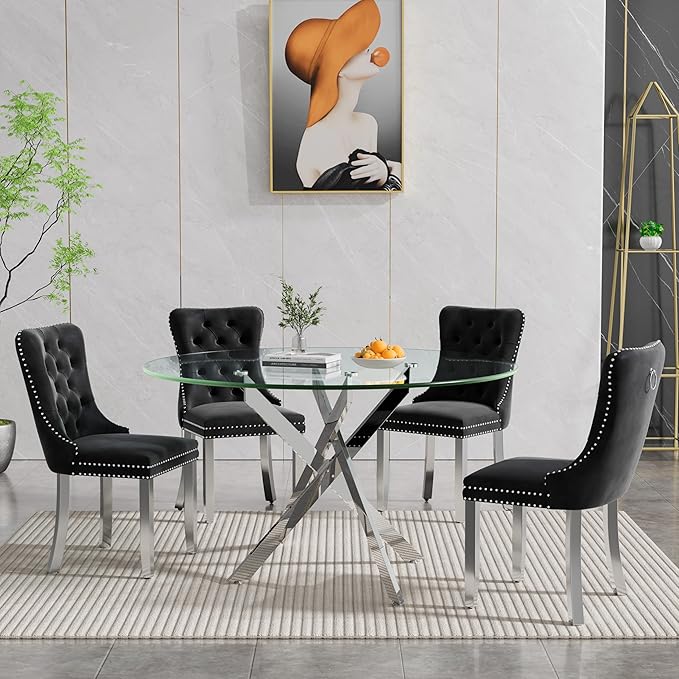 Goujxcy 5 Piece Round Glass Dining Table Set for 4, 47" Round Dining Table & Chair Set Modern Circle Glass Kitchen Table and 4 Velvet Upholstered Chairs for Kitchen Dining (Silver Table & Black Chair)