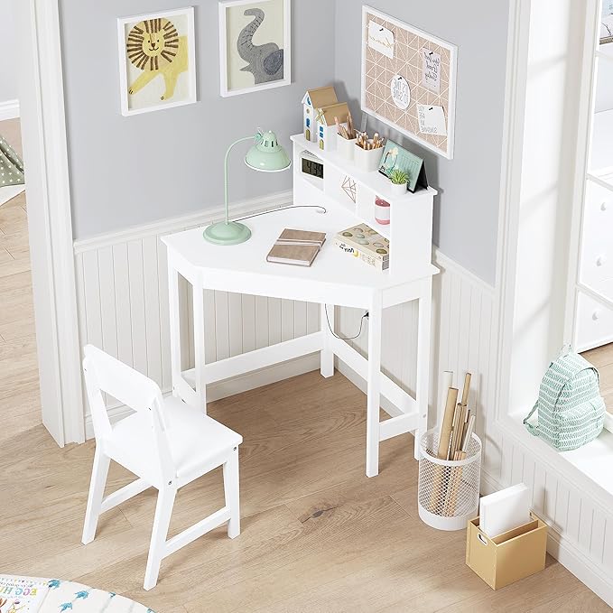 UTEX Kids Desk, Kids Corner Desk and Chair Set, Children Study Table with Storage and Hutch for Home School Use, White