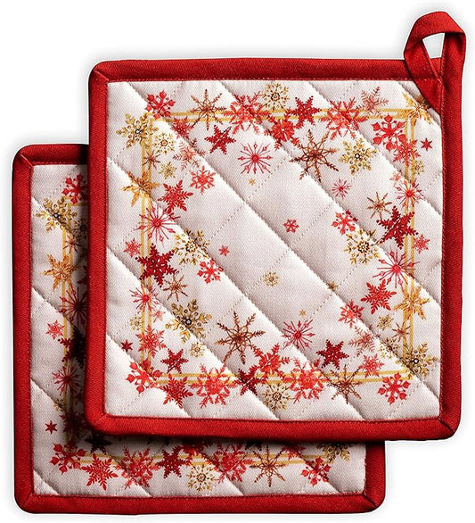 Maison d' Hermine Pot Holders Set 100% Cotton Heat Resistant Potholders 8" x 8" Hot Pads with Loop for Thanksgiving Christmas Decorations BBQ Cooking Baking Handling Hot Pans (Pack of 2, Crystal Star)