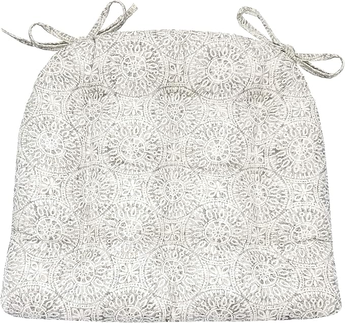 Barnett Home Decor Tibet Grey Dining Chair Pad with Ties - 19 x 19 Size Large Chair Cushion - Latex Foam Fill - Machine Washable, 100% Cotton, Made in USA (Gray Mandalas)