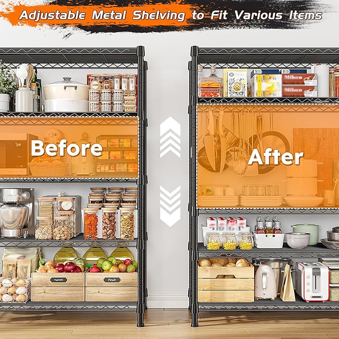 REIBII Storage Shelves 71" H Tall Wire Shelving Unit Sturdy Metal Shelves Adjustable Wide Pantry Shelves 5 Tier Deep Heavy Duty Metal Shelving Load 1500LBS,Dorm Room Essentials Dorm Storage Rack