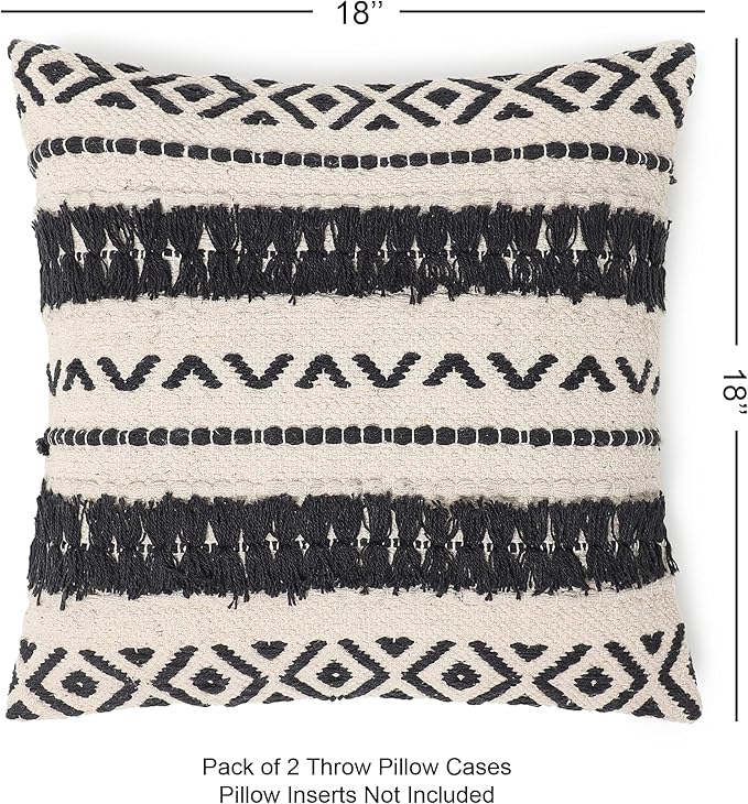 REDEARTH Handmade Boho Throw Pillow Covers - Bohemian Chic Farmhouse Style - Accent Woven Indoor and Outdoor Pillow Cushion Cases for Couch - Bed - Chair - Sofa - Benches – Set of 2-18"x18" - Black