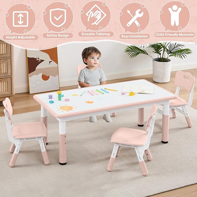 Adjustable Kids Table Chairs Set – Graffiti Desktop, Multi-Activity Height-Adjustable Toddler Study Desk for Ages 3-8 – Ideal for Home, Classroom, Daycare (B-Pink, 4 Chairs-47.2" L x 23.6" W)
