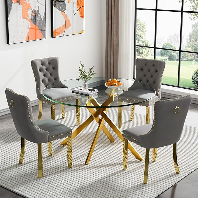 Goujxcy 5 Piece Round Glass Dining Table Set for 4, 47" Round Dining Table & Chair Set Modern Circle Glass Kitchen Table and 4 Velvet Upholstered Chairs for Kitchen Dining (Gold Table & Grey Chair)
