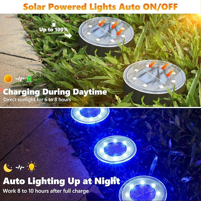 Joomer Solar Ground Lights, 4 Pack 8 LED Solar Lights Outdoor Waterproof IP68 Disc Light Landscape Lighting Garden Light for Patio Pathway Lawn Yard Driveway Walkway(Blue)