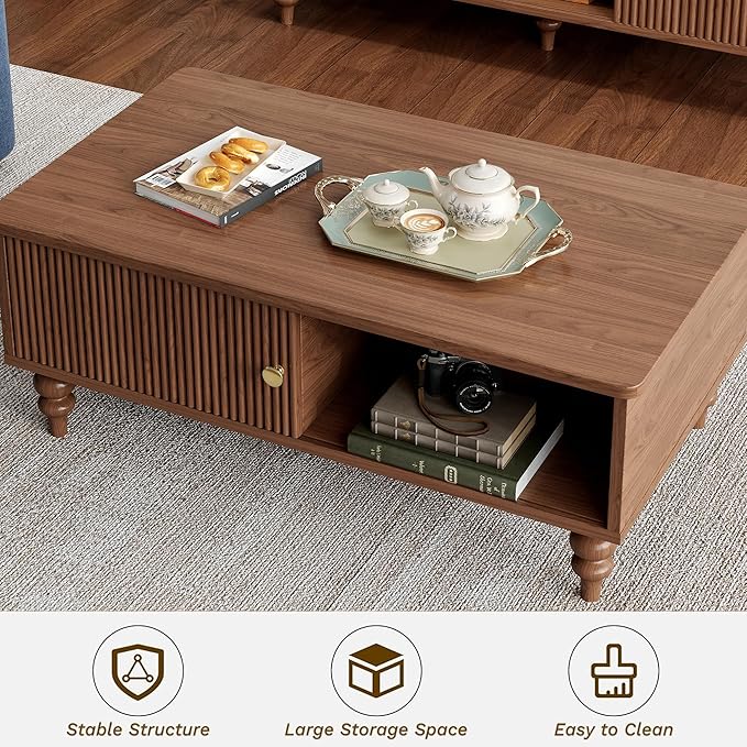Modern Coffee Table, Mid-Century Wooden Center Table with Open Storage Shelf, Farmhouse Wooden Storage Coffee Table for Home and Office Décor, Walnut Oak