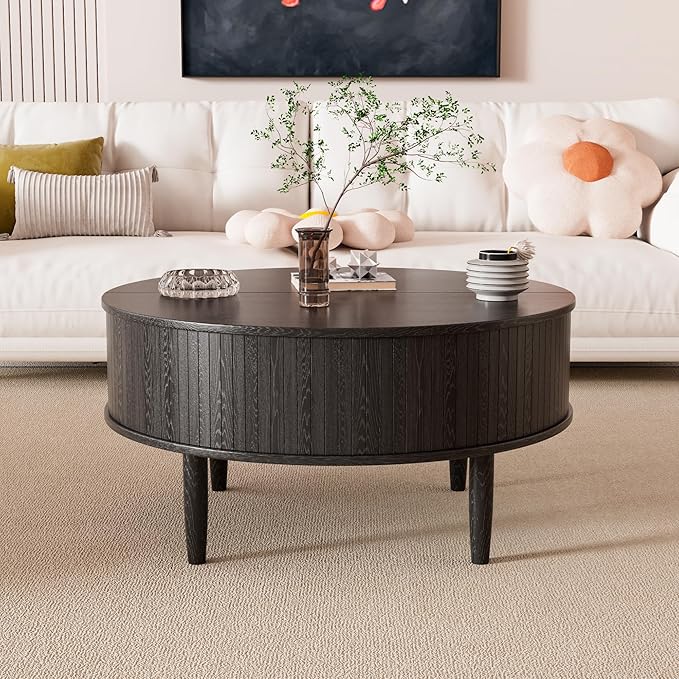 Round Fluted Lift Top Coffee Table with Storage, Mid Century Modern Coffee Table for Living Room, Home Small Space,31.5" Fluted Center Table (Black, 31.5inch)