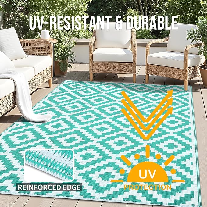 OLANLY Waterproof Outdoor Rug 5x8 ft, Outdoor Plastic Straw Rug for Camping, RV Mat Outside, Outdoor Carpet for Porch, Deck, Backyard, Balcony, Picnic, Turquoise & White