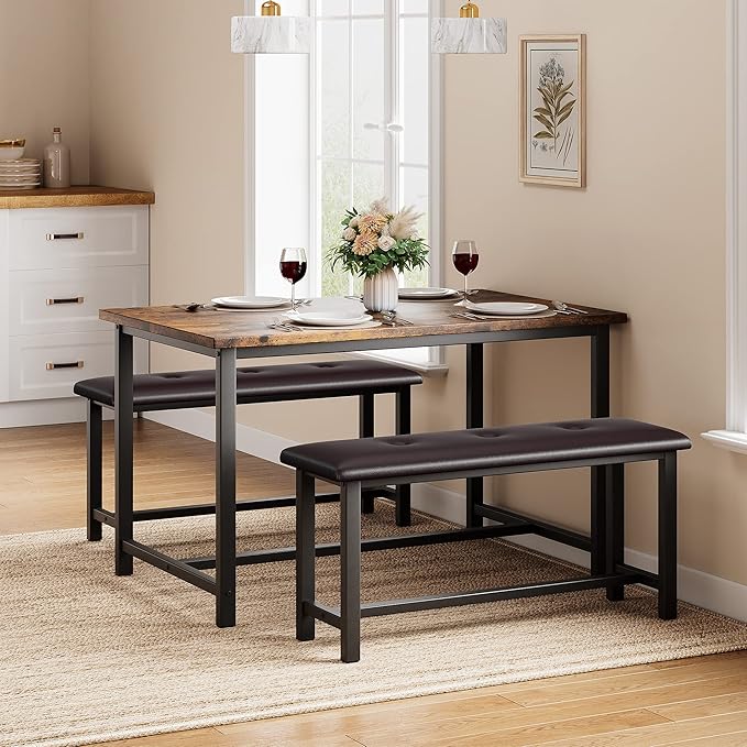 Dining Table Set for 4, Dining Room Table Set with 2 Upholstered Benches, Small Kitchen Table Set, 3 Piece Farmhouse Rectangular Dining Room Table Set, Space Saving Dining Table for Apartment