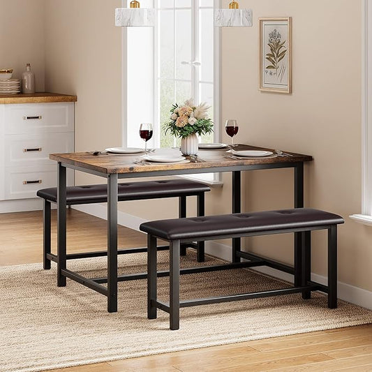 Dining Table Set for 4, Dining Room Table Set with 2 Upholstered Benches, Small Kitchen Table Set, 3 Piece Farmhouse Rectangular Dining Room Table Set, Space Saving Dining Table for Apartment