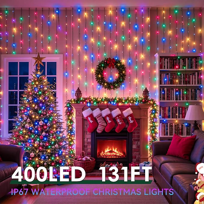 Outdoor Christmas Lights, 400LEDs 131FT Christmas Tree String Lights, IP67 Waterproof 11 Modes Warm and Multicolor Holiday Lights with Remote for House Yard Xmas Decorations