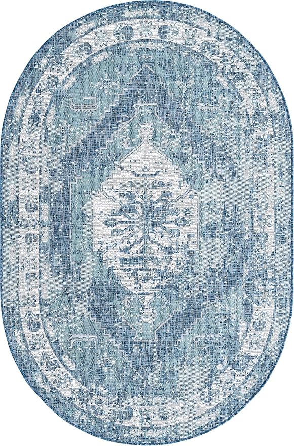 Unique Loom Outdoor Traditional Collection Area Rug - Valeria (5' 3" x 7' 10" Oval, Blue/ Ivory)
