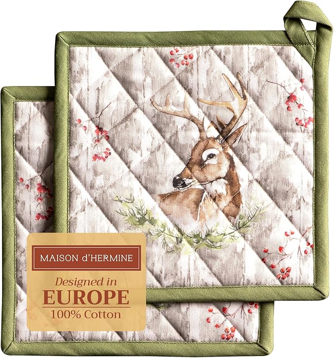 Maison d' Hermine Pot Holders Set 100% Cotton Heat Resistant Potholders 8" x 8" Hot Pads with Loop for Thanksgiving Christmas Decorations BBQ Baking Handling Hot Pans (Pack of 2, Mountain Life)
