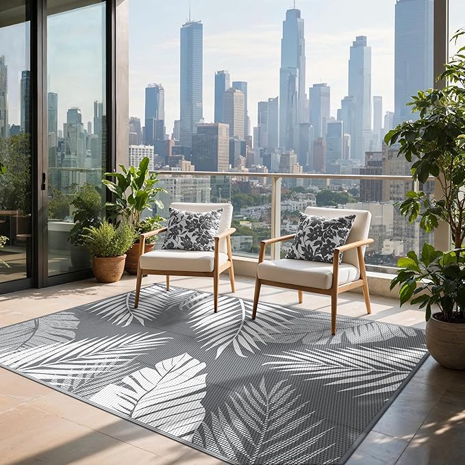 Outdoor Rug 8’x10’ Waterproof for Patio Clearance, Reversible Indoor Outdoor Plastic Straw Camping Rug Carpet, RV Mat, Large Area Rug for Deck, Backyard, Balcony, Porch, Beach, Grey & White