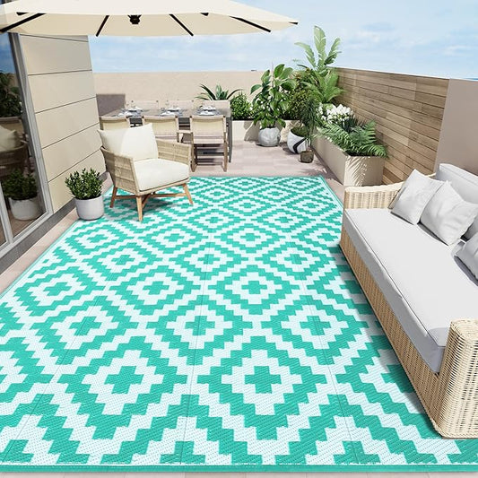 OLANLY Waterproof Outdoor Rug 9x12 ft, Outdoor Plastic Straw Rug for Camping, RV Mat Outside, Outdoor Carpet for Porch, Deck, Backyard, Balcony, Picnic, Turquoise & White
