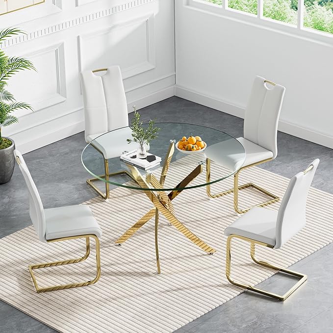 Goujxcy 5 Pieces Round Dining Table Set for 4, Modern Gold Glass Kitchen Table and Chairs for 4 with Upholstered Chairs, Circle Coffee Dining Table Set for Small Space,Apartment,Office