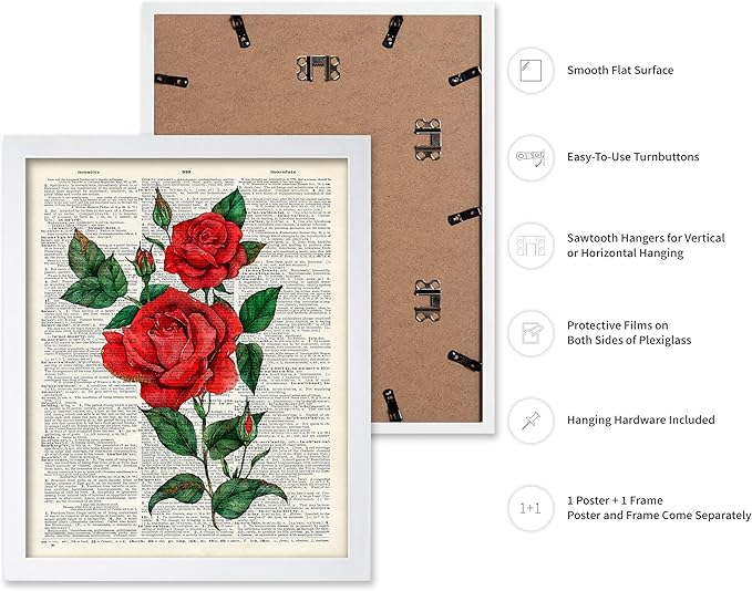 Poster Master Dictionary Art Poster - Red Roses Print - Flower Art - Floral Art - Gift for Men, Women & Florist - Minimal Decor for Living Room, Bedroom, Dorm or Flower Shop, 16x20 White Framed