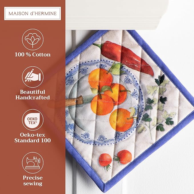 Maison d' Hermine Pot Holders 100% Cotton Heat Resistant Potholders 8" x 8" Hot Pads with Loop BBQ, Cooking, Baking, Grilling, Kitchen, Handling Hot Pans Spring/Summer (Pack of 1, Gourmand)