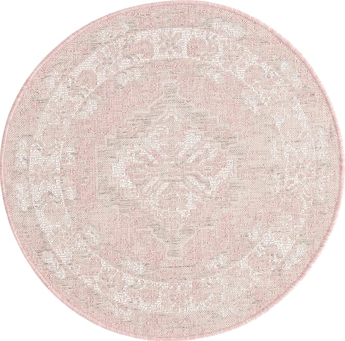 Unique Loom Outdoor Traditional Collection Area Rug - Valeria (3' 3" Round, Pink/ Ivory)