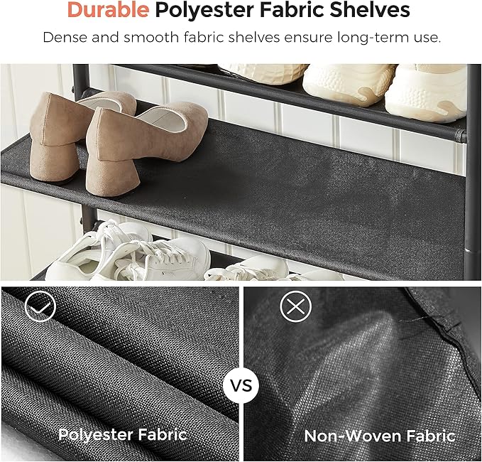 VASAGLE Shoe Rack, 4-Tier Shoe Storage Organizer for Entryway and Closet, Holds 9-12 Pairs of Shoes, 3 Fabric Shelves, Steel Frame, Industrial, Rustic Brown and Black ULBS035B01