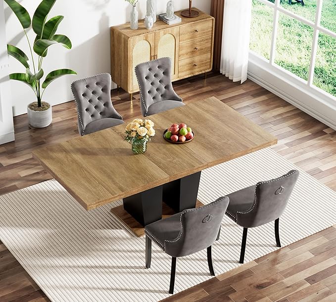 Goujxcy 5-Piece Extendable Dining Table Set for 4-8 People 63-78 Inch Kitchen Table Set with 4 Velvet Upholstered Chairs Farmhouse Rectangular Dining Room Table Set for Kitchen Dining Room Apartment