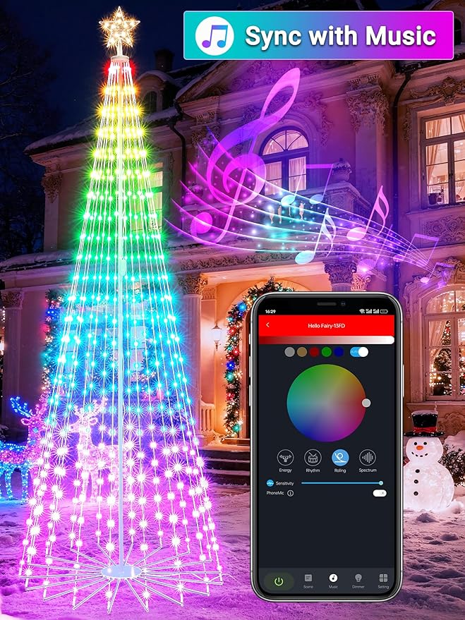 Flacchi Smart Christmas Outdoor Tree Lights - Star Tree Topper with Removable Bracket, App Control, Sync with Music, Waterfall Colored Lighted for Holiday Decorations (8.8FT/ Rope Lights)