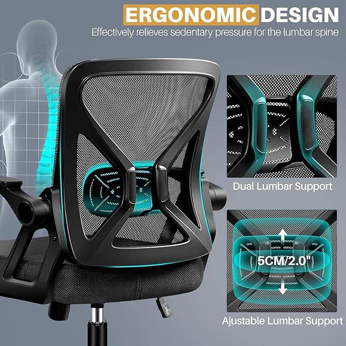 FelixKing Office Chair - Ergonomic Desk Chair Breathable Mesh Task with Wheels and Lumbar Support Home Desk Office Chairs with Flip up Armrest Rolling Swivel for Home Computer Black