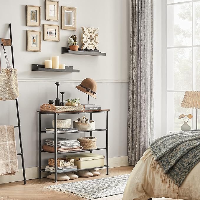 VASAGLE Shoe Rack, 4-Tier Shoe Storage Organizer for Entryway and Closet, Holds 9-12 Pairs of Shoes, 3 Fabric Shelves, Steel Frame, Industrial, Rustic Brown and Black ULBS035B01