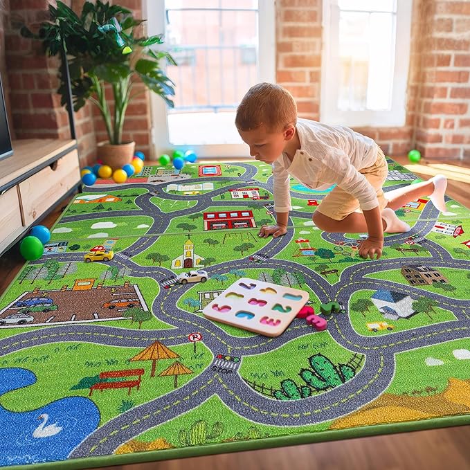 BEQHAUSE Kids Play Mat 2pcs, Green City Traffic Road Kids Room Rug Great for Playing with Cars, 32”x60” Play Area Rug Car Rugs for Children's Bedroom, Toddler Classroom and Baby Playroom