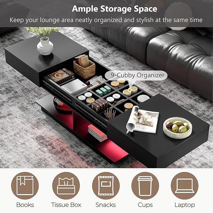 Modern High Gloss LED Coffee Table Center Table with Hidden Storage Space, Extending Top & LED Light for Living Room, Black